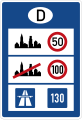 ドイツ国境に設置されている法定速度標識。市街地50 km/h、非市街地100 km/h、高速道路は推奨速度130 km/hであることを示す。