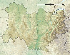 Mapa konturowa regionu Owernia-Rodan-Alpy, po prawej znajduje się punkt z opisem „źródło”, natomiast po prawej nieco u góry znajduje się punkt z opisem „ujście”