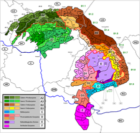 Carte des subdivisions des Carpates avec les monts Beljanica en F2.