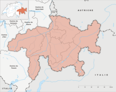 Mapa konturowa Gryzonii, blisko centrum na dole znajduje się punkt z opisem „Maloja”