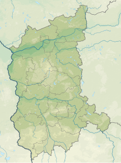 Mapa konturowa województwa lubuskiego, u góry nieco na lewo znajduje się punkt z opisem „źródło”, poniżej na prawo znajduje się również punkt z opisem „ujście”