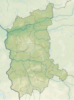 Mapa konturowa województwa lubuskiego, blisko centrum po prawej na dole znajduje się punkt z opisem „ujście”