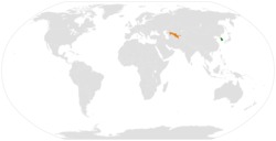 Map indicating locations of South Korea and Uzbekistan