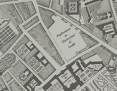 Emplacement de l'hôtel de Condé avant la construction du Théâtre-Français, futur théâtre de l'Odéon (plan de Jaillot de 1775).