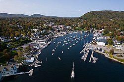 Aerial view of Camden from the harbor