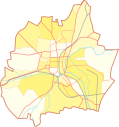 Mapa konturowa Częstochowy, w centrum znajduje się punkt z opisem „Pałacyk Brassów”