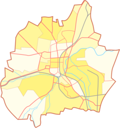 Mapa konturowa Częstochowy, blisko centrum na prawo znajduje się punkt z opisem „KRONO-PLAST Arena”