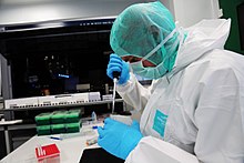 Photo couleur montrant une personne de profil, portant une blouse blanche et des gants bleus ; son visage est en partie caché par un masque de protection respiratoire, sa chevelure est recouverte par un film plastique vert, et elle tient une pipette dans sa main droite, et un portoir de microtubes à essai dans sa main gauche.