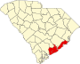 Harta statului South Carolina indicând comitatul Charleston