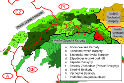 Levočské vrchy v rámci Karpat, vyznačeny červeně