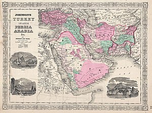 خريطة ترجع لِسنة 1866م تُصوِّر المنطقة المعروفة اليوم بِالشرق الأوسط: شبه الجزيرة العربيَّة ومصر والشَّام والعراق والأناضول وإيران وأفغانستان، ويومذاك كانت هذه البلاد مُقسَّمة بين الدولتين العُثمانيَّة والقاجاريَّة