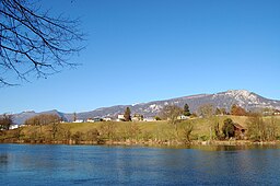 Aare vid Feldbrunnen. I bakgrunden Balmfluechöpfli i Jurabergen