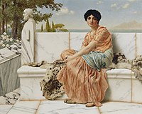 一幅畫作，描繪一名著古希臘式長袍的女子，端坐於大理石台階上，遠處襯著樹與水。