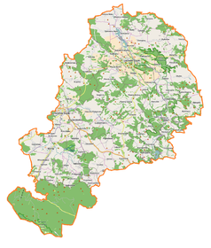 Mapa konturowa powiatu lwóweckiego, po lewej znajduje się punkt z opisem „Mirsk”