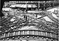 A Grand union tramway crossing under construction in Montreal at Sainte Catherine and Saint Lawrence Street in 1893