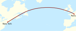 A simplified map of the northern Atlantic, showing a curved Great Circle route from Paris to New York