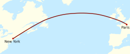 Plan de vol de l'Oiseau blanc : trajectoire nord-ouest s'incurvant peu à peu pour arriver au sud-ouest au sud du Groenland