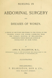 The title page of a textbook, Nursing in Abdominal Surgery and Diseases of Women by Anna M. Fullerton, M. D., published in 1891 by P. Blakiston, Son, & Co., Philadelphia.