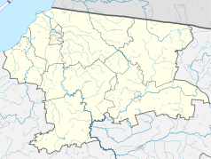 Mapa konturowa powiatu braniewskiego, u góry po lewej znajduje się punkt z opisem „Braniewo”