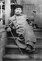 Tsjechov op het trapje naar de veranda in Melichovo met onder zijn arm de teckel Kinine, volledige naam: China Markovna;[12] foto door P.I. Serjogin (П.И. Серёгин), 1897
