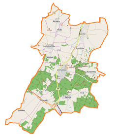 Mapa konturowa gminy Jerzmanowa, na dole znajduje się punkt z opisem „Pałac w Bądzowie”