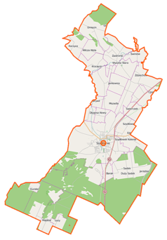 Mapa konturowa gminy Szydłowiec, blisko centrum na prawo znajduje się punkt z opisem „Szydłowiec”