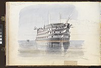 Mends made many drawings of HMS Trafalgar here is one, in his sketchbook, of her under the Upper Barracca, Malta, on 27 March 1852. She was there after losing her rudder at sea in February.