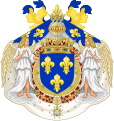 Герб на Луи дьо Бургон, херцог на Бургундия, със синьо-жълт бурлет между шлема и короната