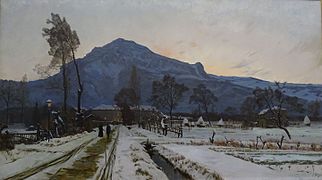 Tableau d'une campagne sous la neige, à l'aube ou au crépuscule, traversée par un chemin menant à bâtiment éclairé de l'intérieur et dominé par une montagne.