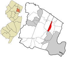 Location of Glen Ridge in Essex County highlighted in red (right). Inset map: Location of Essex County in New Jersey highlighted in orange (left).