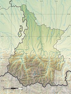 Mapa konturowa Pirenejów Wysokich, na dole nieco na lewo znajduje się czarny trójkącik z opisem „Pic de Bergons”