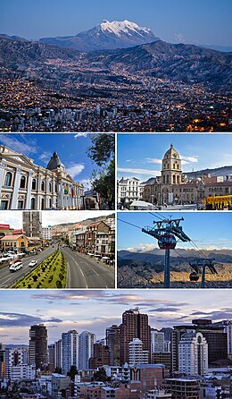 Von oben nach unten, von links nach rechts: Panoramablick auf La Paz mit dem schneebedeckten Illimani im Hintergrund, Palast der gesetzgebenden Versammlung von Bolivien, Basílica de San Francisco, Mariscal Santa Cruz Avenue, Rote Linie der Stadtseilbahn und das Zentrum von La Paz bei Sonnenuntergang.