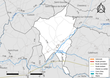 Carte en couleur présentant le réseau hydrographique de la commune