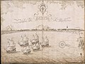 Gezicht op het Kasteel van Batavia en de stad Batavia, Johannes (van) Nessel (tekenaar), 1650, behoort tot het rapport van A. de Vlam. van Outshoorn, pen op papier, 40,5 x 31 cm, collectie Nationaal Archief, 's-Gravenhage