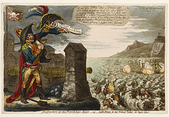 Gravure en couleurs, représentant à gauche et au premier plan deux personnages en haut d'une fortification équipée de deux canons et sur laquelle flotte un drapeau rouge à tête de mort. L'un, petit et maigre, coiffé d'un bicorne à trois plumes tricolores, regarde à travers un rouleau de papier vers la droite, et prononce des paroles en anglais visibles dans une bulle. Il est jugé sur l'autre, personnage plus imposant, souriant, à cape rouge et bicorne. Au centre, sur la mer déchainée, coule au premier plan une dizaine de bateaux bombardés par une dizaine d'autres bateaux au second plan. À droite au loin, des falaises sur lesquelles flottent un drapeau anglais : blanc à croix de Saint-George rouge.