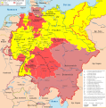 März/April 1850: Unionsstaaten (gelb) und Staaten des Vierkönigsbündnisses (rot)