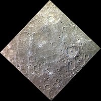 Approximate color image of the surface of Mercury including Hals crater. The prominent crater at right is Hawthorne, and Hals is south of it.