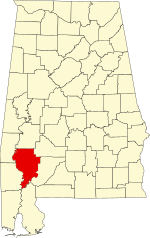 Map of Alabama highlighting Clarke County