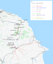 Map showing sections of Wade's Causeway reported as verified extent, by various authorities 1736–2013