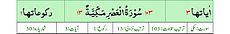 Qurʼon nusxalaridan biridagi Asr surasi sarlavhasi. Yuqorida oʻngdan: 1. Oyati 3, 2. Markazda qizil rangda sura tartib raqami 103, qora rangda - Asr surasi va Makkiy, qizil rangda nozil boʻlgan tartibi - 13, 3. Rukuʼsi soni - 1; Pastda oʻngdan: 1. Sura:Makkiy, 2. Tilovat tartibi:103, 3. Nozil boʻlish tartibi:13, 4. Rukuʼsi:1, 5. Oyati:3, 6. Porasi (Juzi):30 deb koʻrsatilgan.