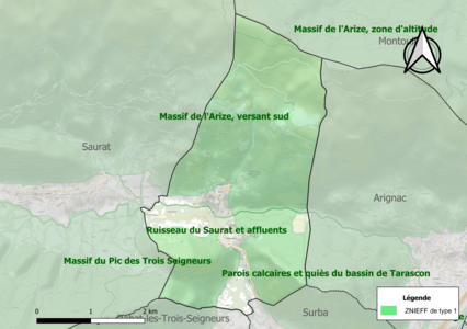 Carte des ZNIEFF de type 1 sur la commune.