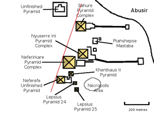 Plan of the necropolis of Abusir showing the alignment of the pyramids of Sahure, Neferirkare Kakai and Neferefre on an axis pointing to Heliopolis. The pyramid attributed to Shepseskare is off this alignment, somewhat to the North.