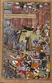 Akbar doma Hawai, l'elefante pazzo. Composizione di Basawan, colori di Chitra (parte destra), Akbarnama, c. 1590, Victoria and Albert Museum.