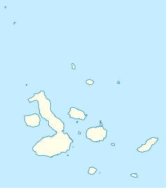 Mapa konturowa Galapagos, blisko centrum na dole znajduje się punkt z opisem „Santiago (San Salvador)”