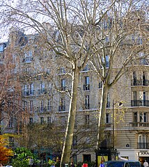 スクアール・トゥルソーから見るテオフィール＝ルッセル通り (Rue Théophile-Roussel) の居住建物。同通り7番地には1909年建造の古典的低家賃住宅 (HBM, 現在はHLM表記) 建物があり, 現在はロチルド(医療)財団 (fr) 所有