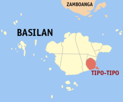 Mapa ng Basilan na ipinapakita ang lokasyon ng Tipo-Tipo.