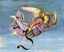 Un înger îmbrăcat violet din Învierea lui Hristos de Rafael (1483-1520).
