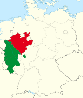 Región histórica de Renania, hacia 1830. En verde, la provincia de la Renania Prusiana, y en rojo la provincia de Westfalia.