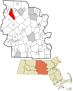 菲利普斯頓在烏斯特縣及麻薩諸塞州的位置（以紅色標示）