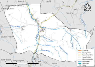 Carte en couleur présentant le réseau hydrographique de la commune